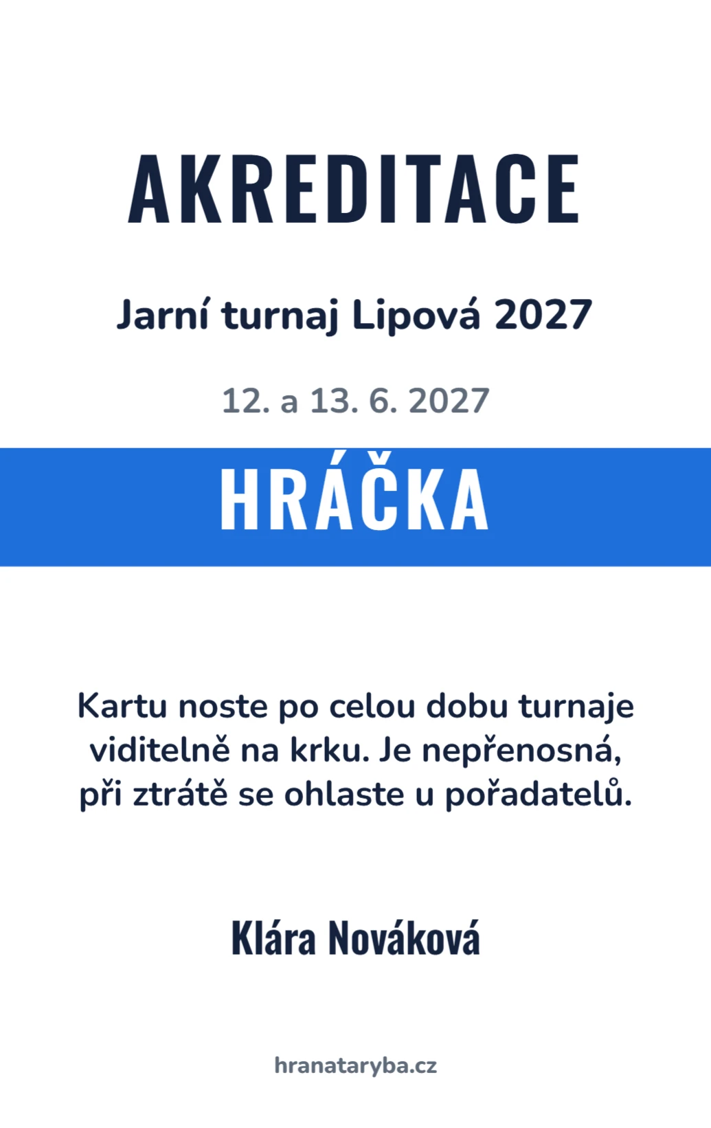 Akreditace na turnaj, zadní strana
