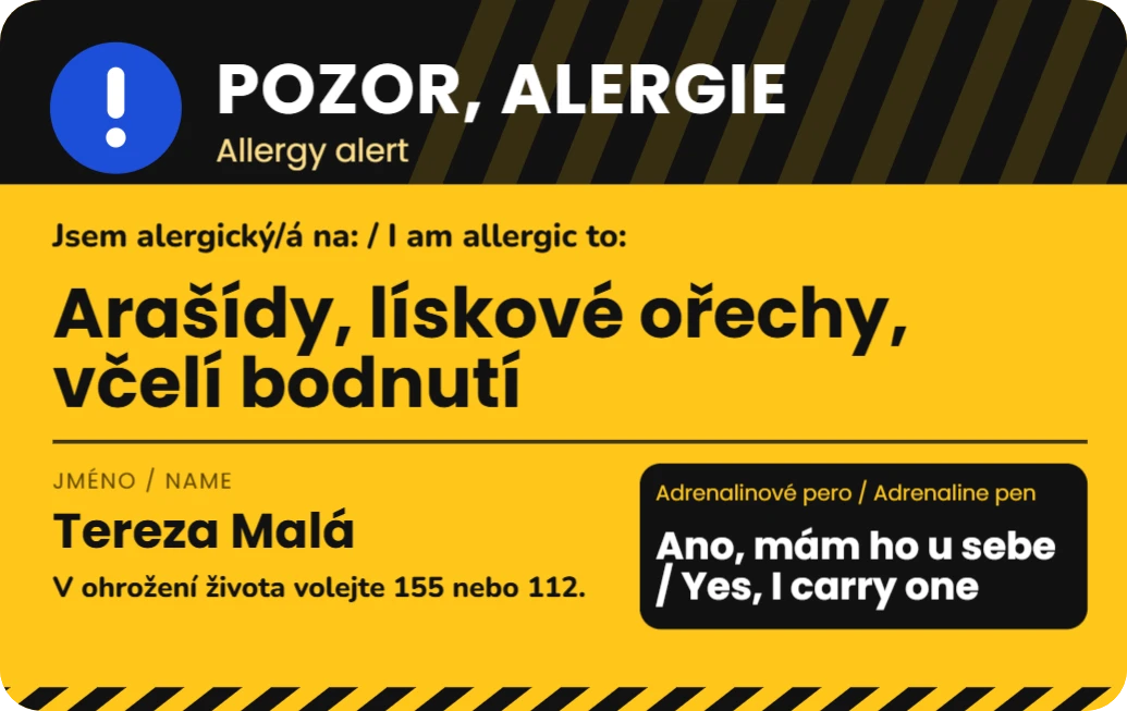 Alergická karta, ukázka karty