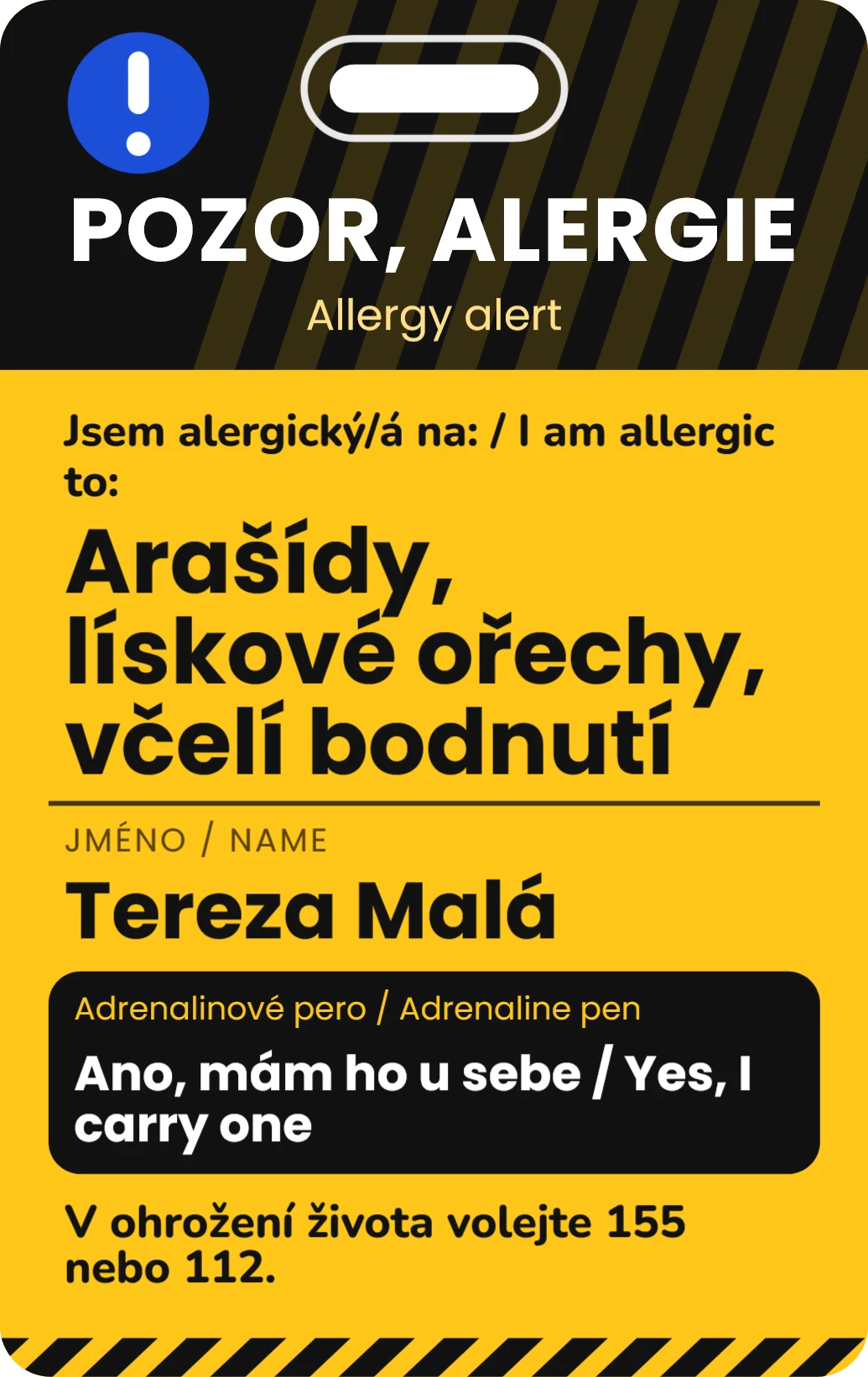 Alergická karta na výšku (na krk), ukázka karty