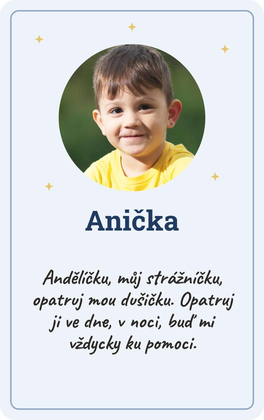 Anděl strážný s fotkou dítěte, přední strana
