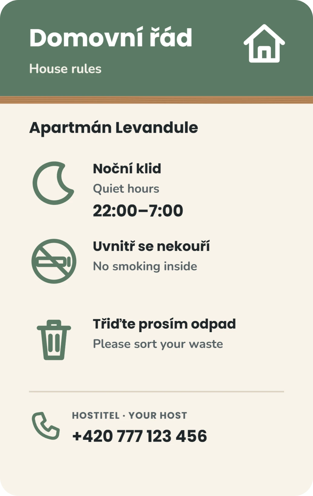 Domovní řád apartmánu, ukázka karty