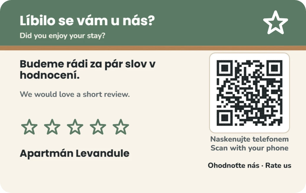 Hodnocení pobytu s QR kódem, ukázka karty