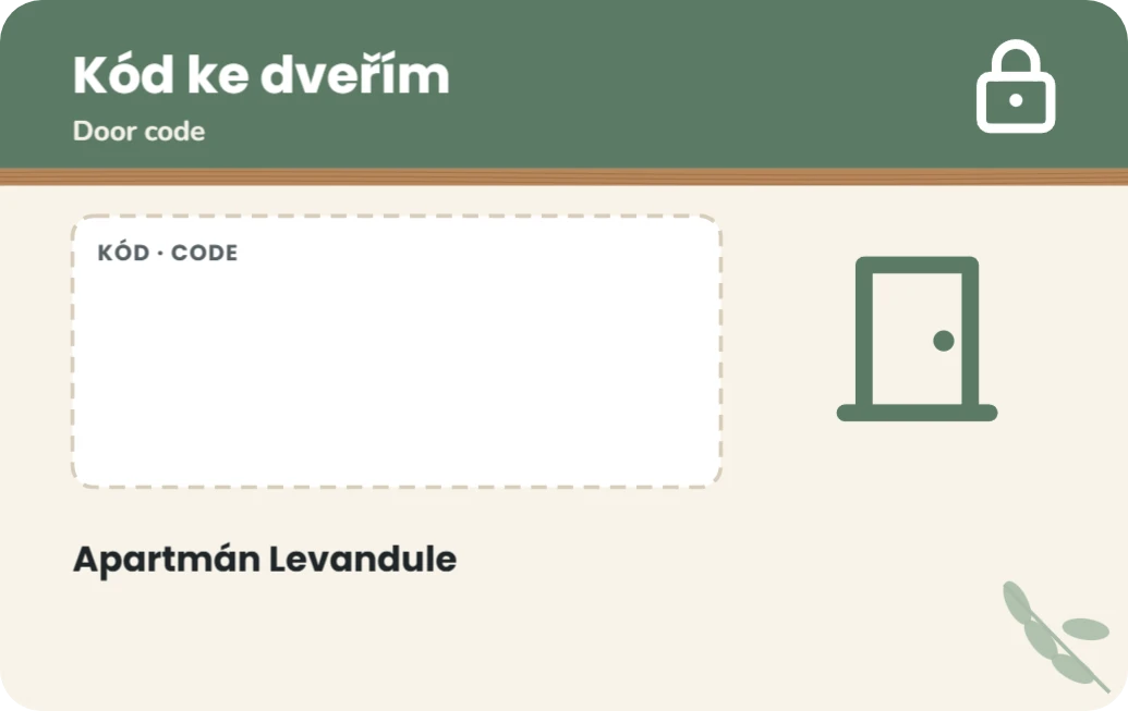 Kód ke dveřím na dopsání, ukázka karty