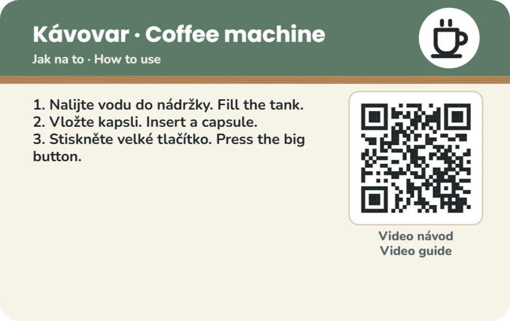 Návod na spotřebič s QR videem, ukázka karty