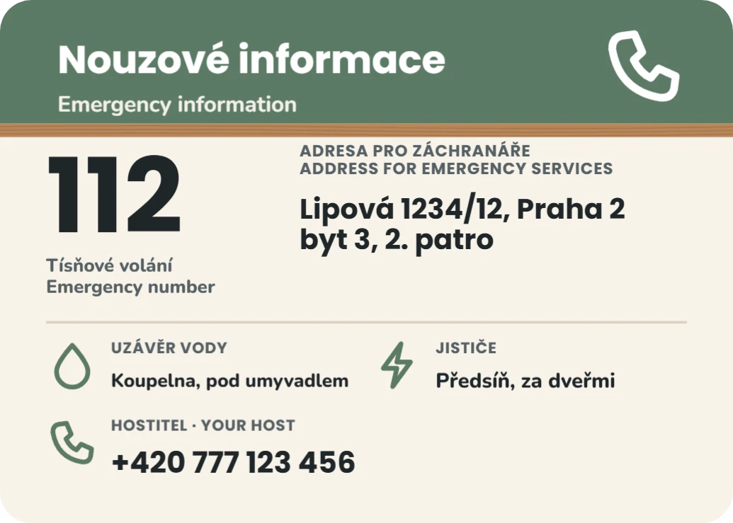 Nouzové informace na lednici, ukázka karty