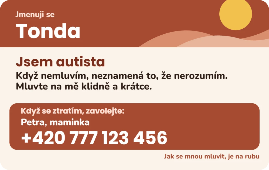 Karta pro autistické dítě do batohu, ukázka karty