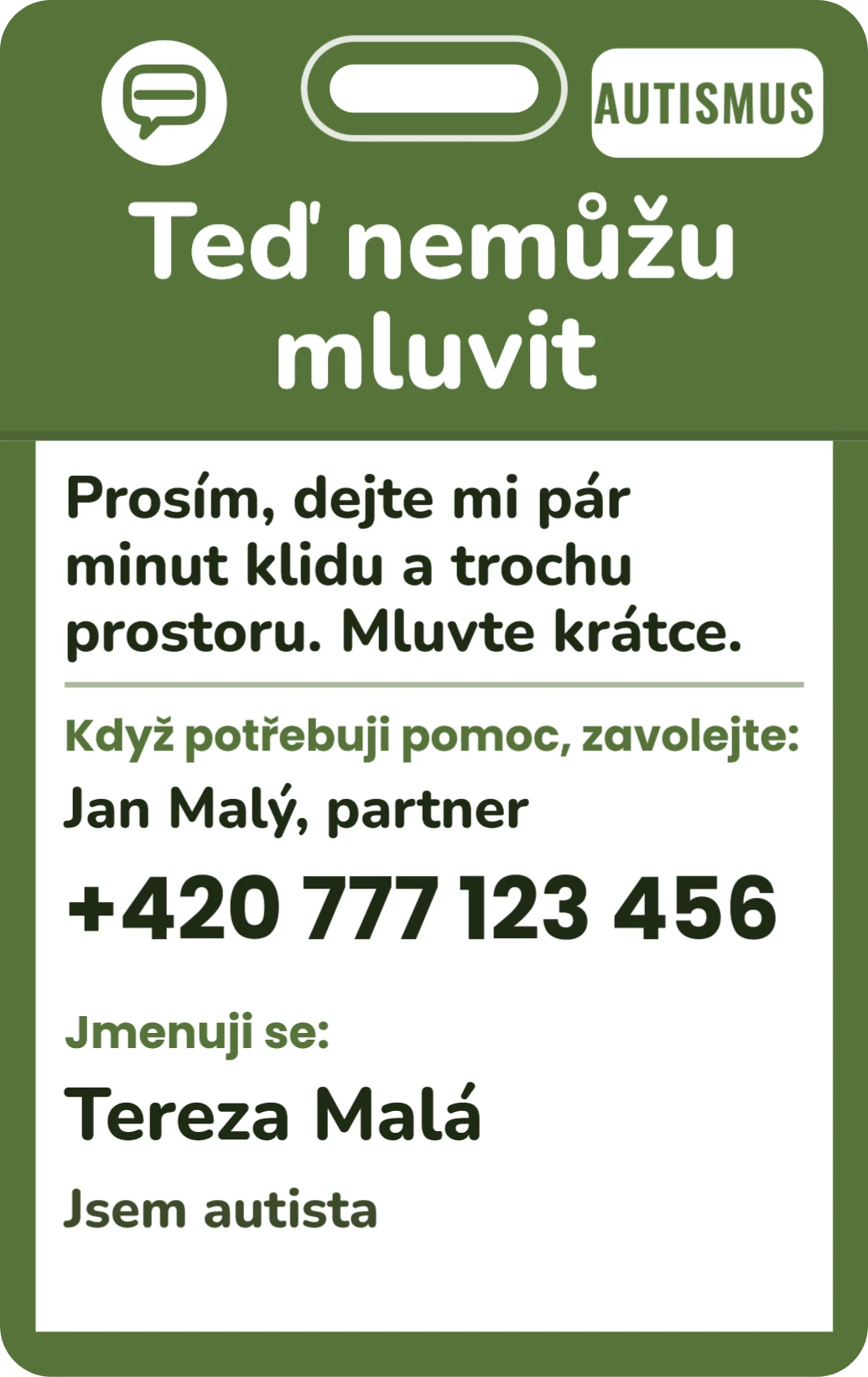 Teď nemůžu mluvit: karta na krk pro chvíle přetížení, ukázka karty