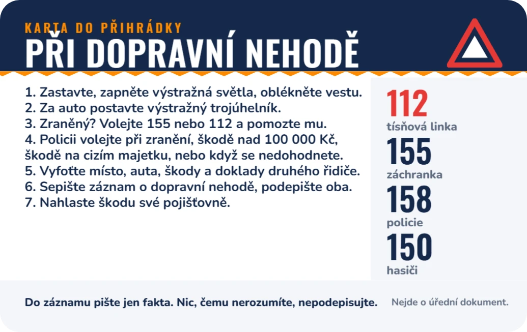 Karta pro případ nehody, ukázka karty