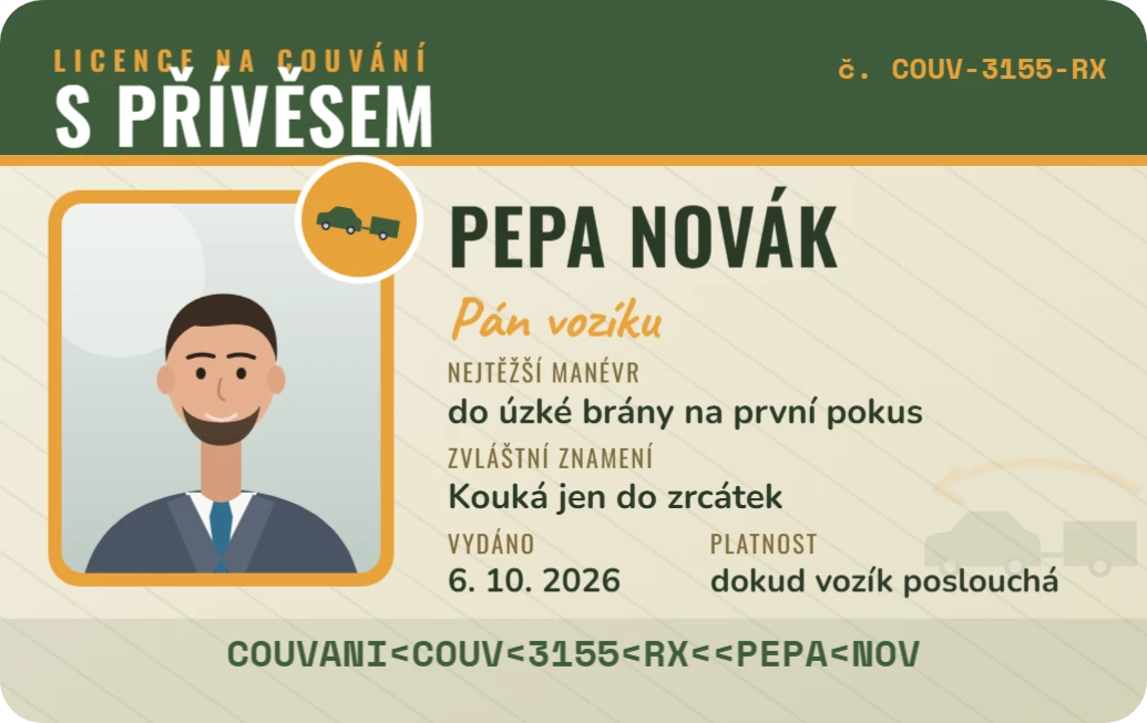 Licence na couvání s přívěsem, ukázka karty