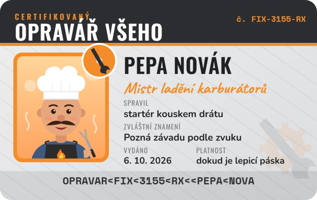 Certifikovaný opravář všeho, ukázka karty