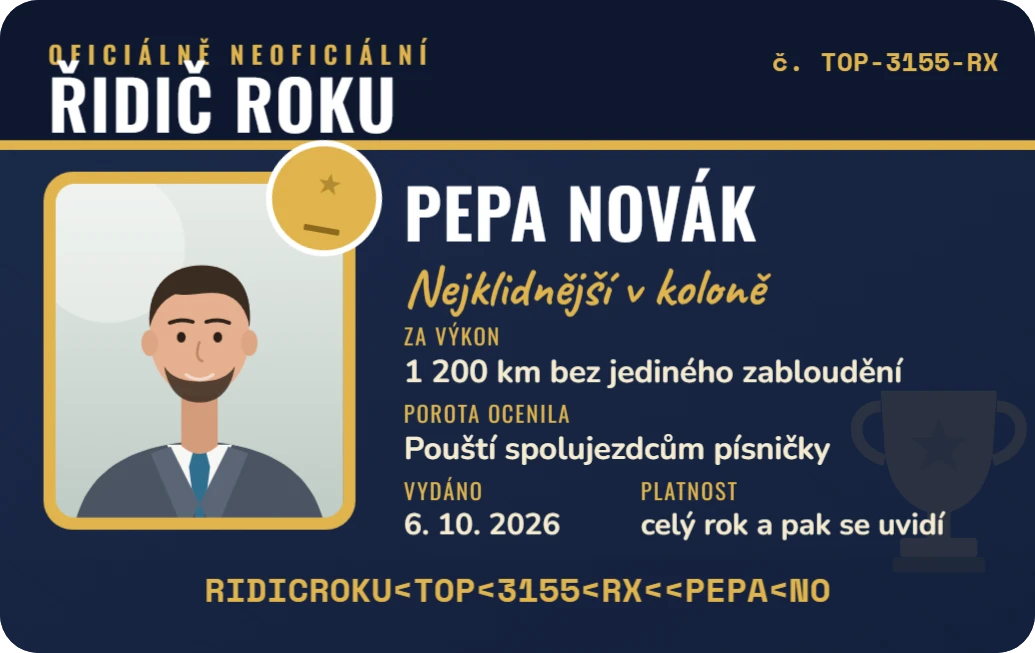 Řidič roku, ukázka karty