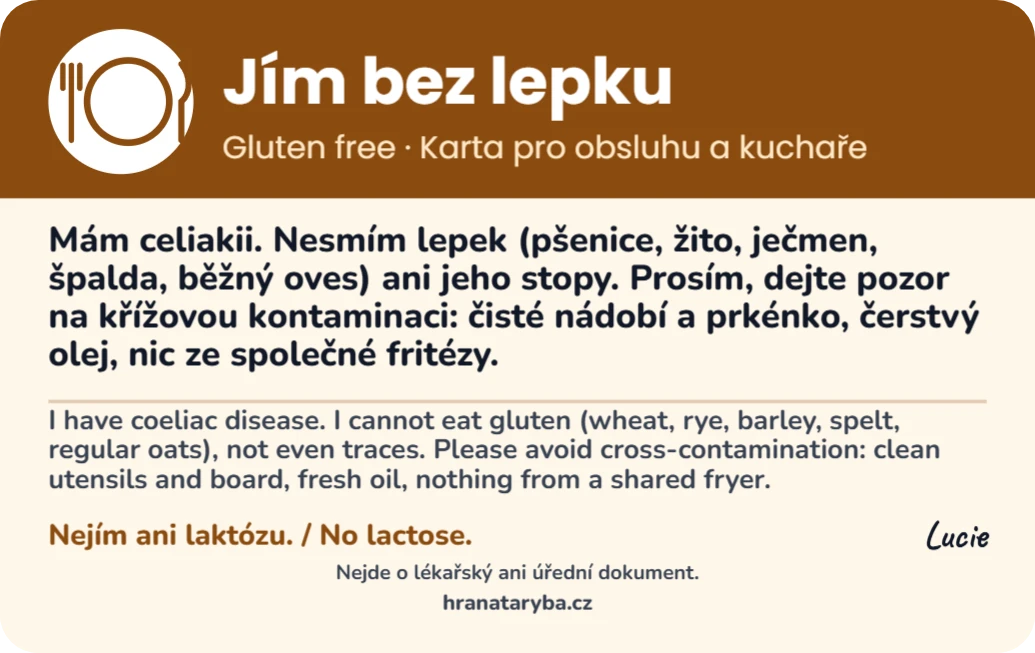 Bezlepková karta pro kuchaře, 5 jazyků, ukázka karty