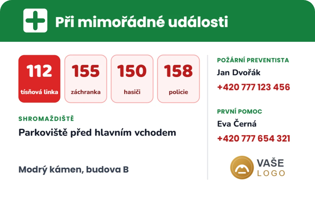 BOZP karta s nouzovými kontakty, ukázka karty