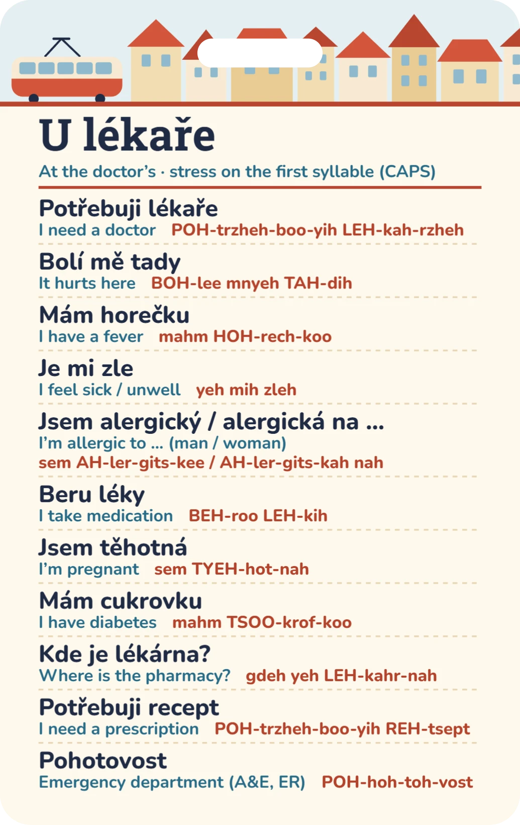 Čeština u lékaře (anglicky), ukázka karty