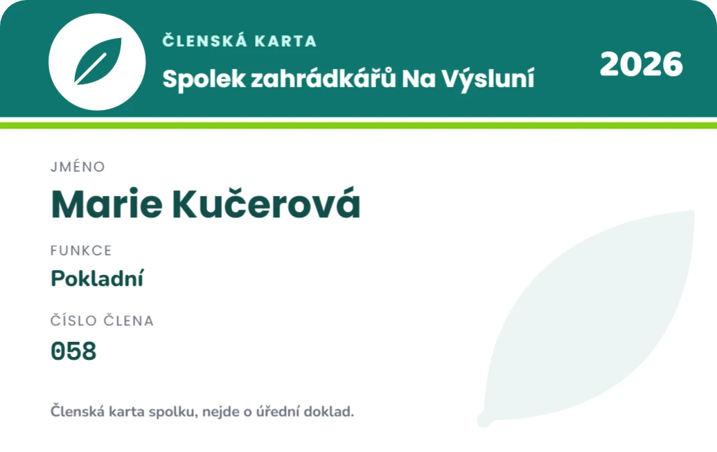 Členská karta spolku, ukázka karty