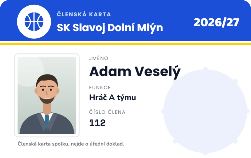 Členská karta sportovního klubu, ukázka karty