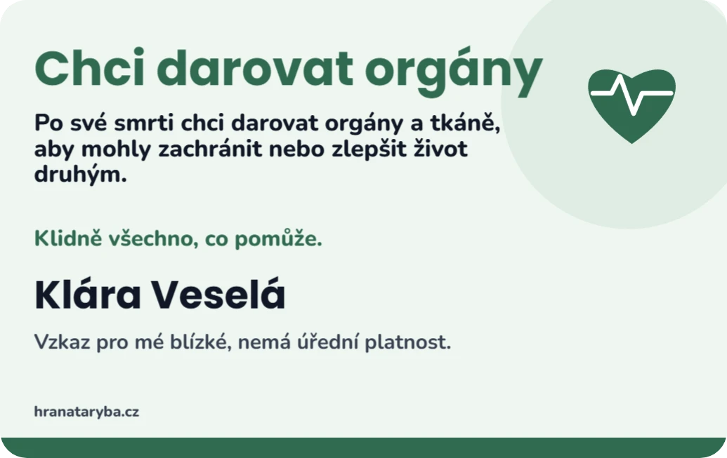 Chci darovat orgány: vzkaz pro blízké, ukázka karty