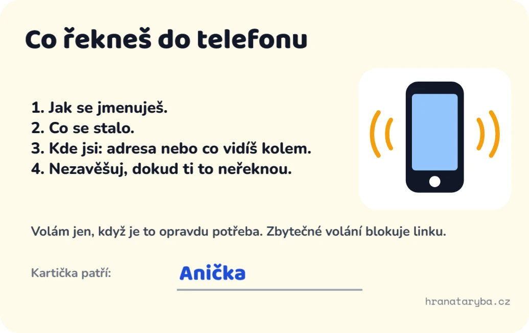 Kartička V nouzi volej pro děti, zadní strana