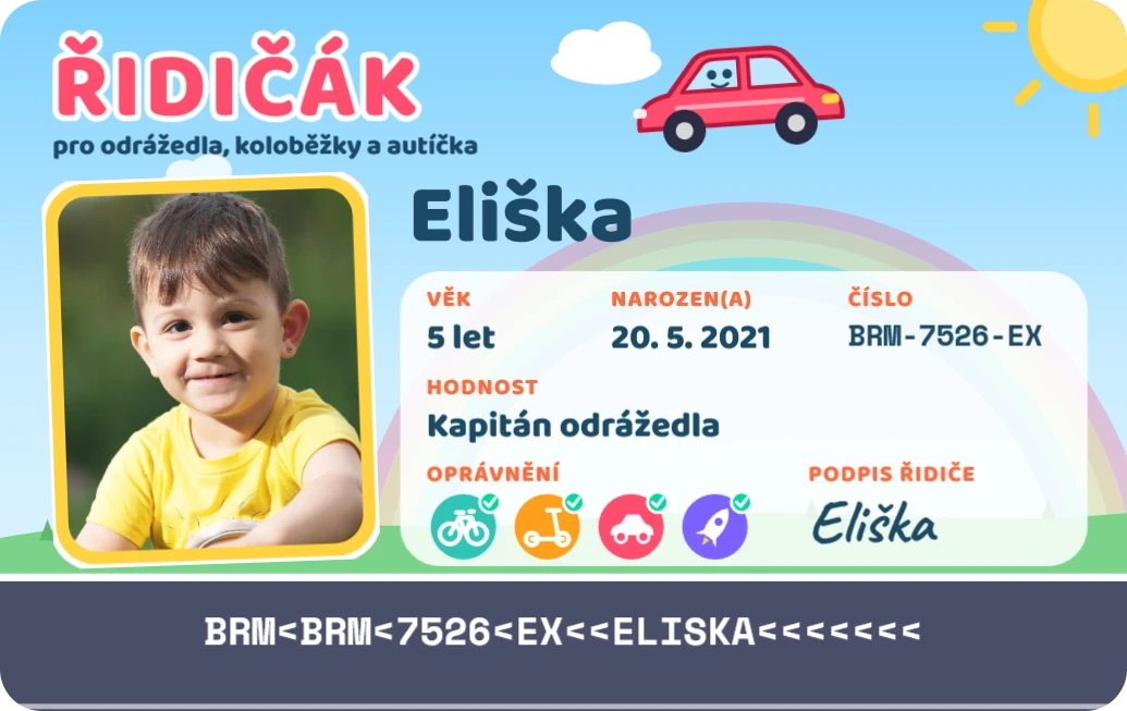 Dětský řidičák, ukázka karty
