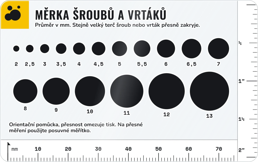 Průhledná měrka šroubů a vrtáků, ukázka karty