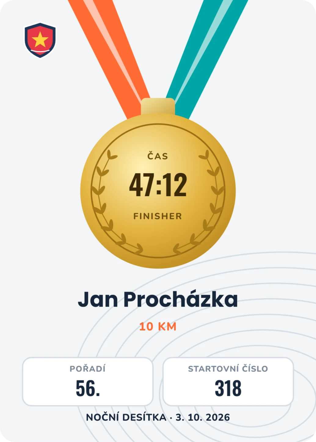 Finisher karta s medailí, ukázka karty