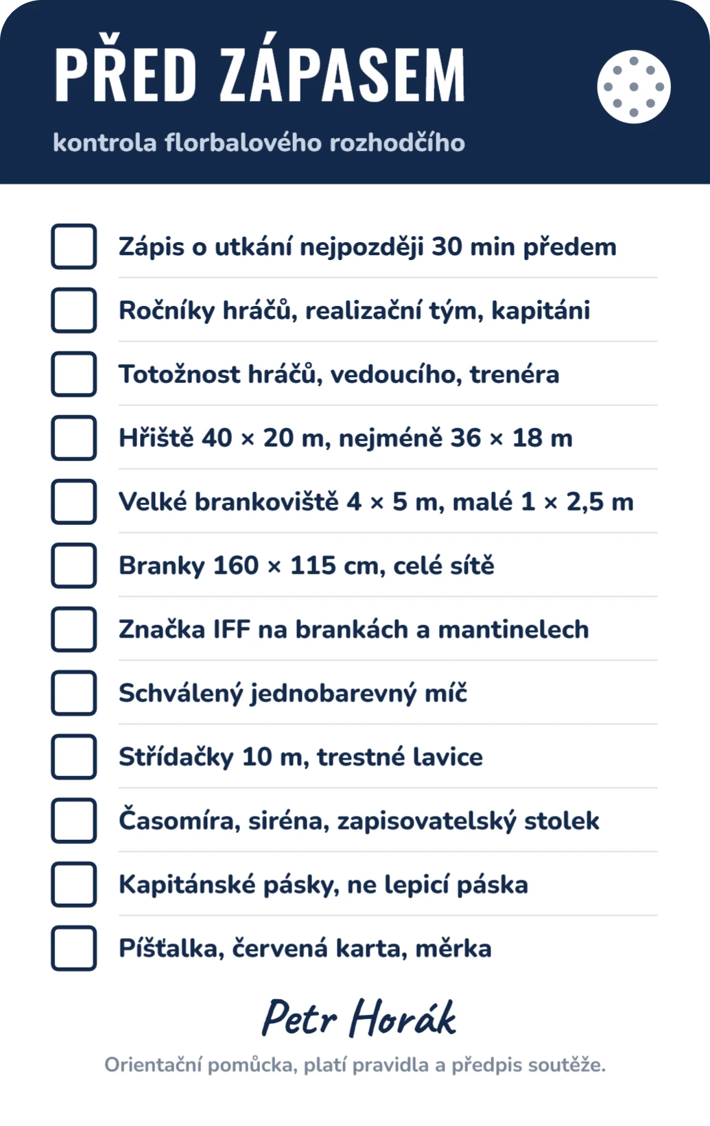Florbal: karta rozhodčího před zápasem s měrkou čepele, přední strana