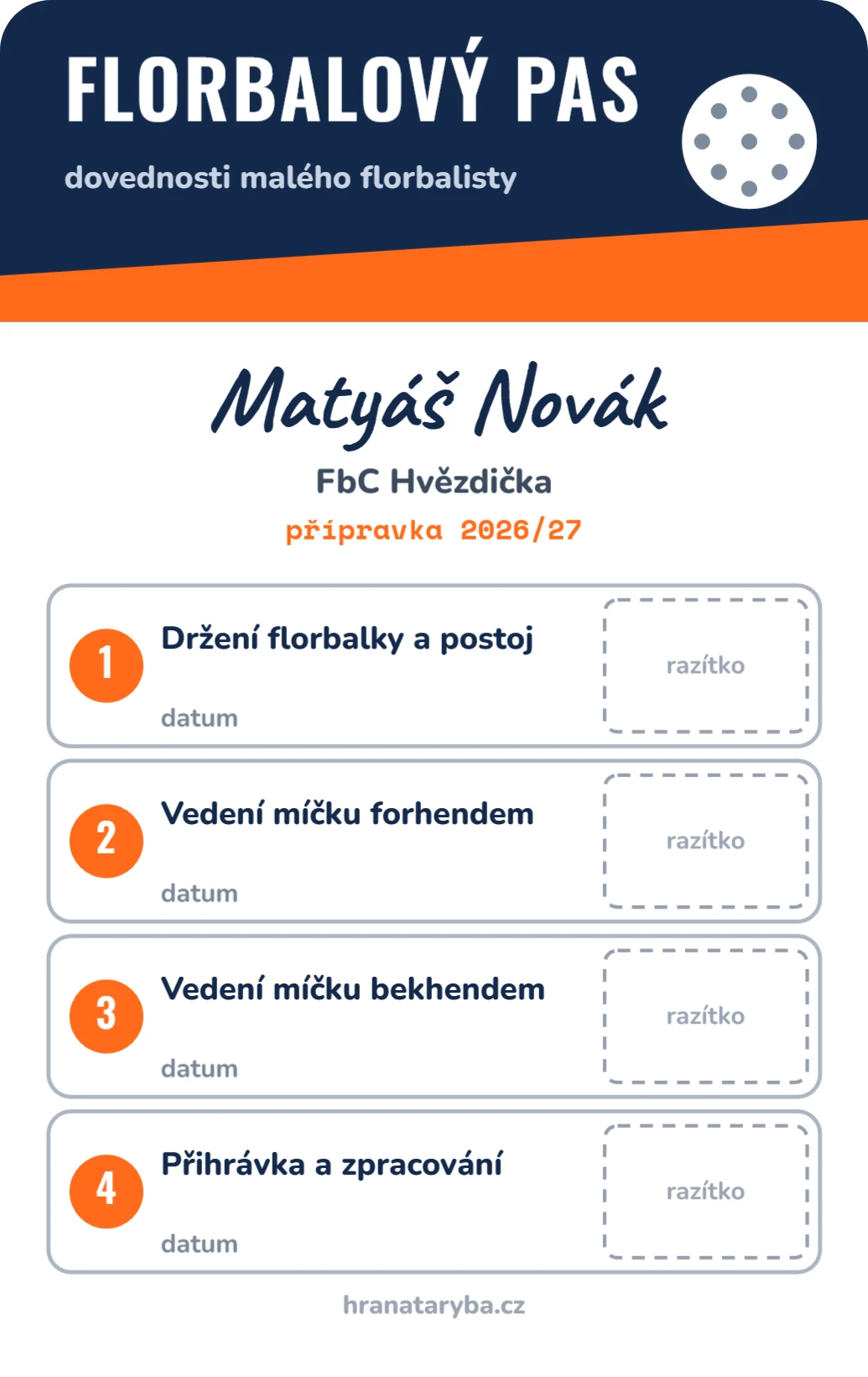 Florbalový pas dovedností pro děti, přední strana