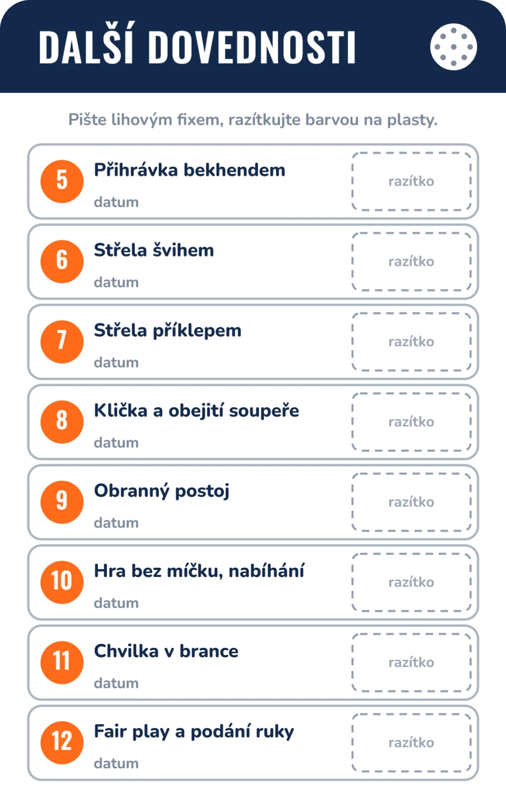 Florbalový pas dovedností pro děti, zadní strana