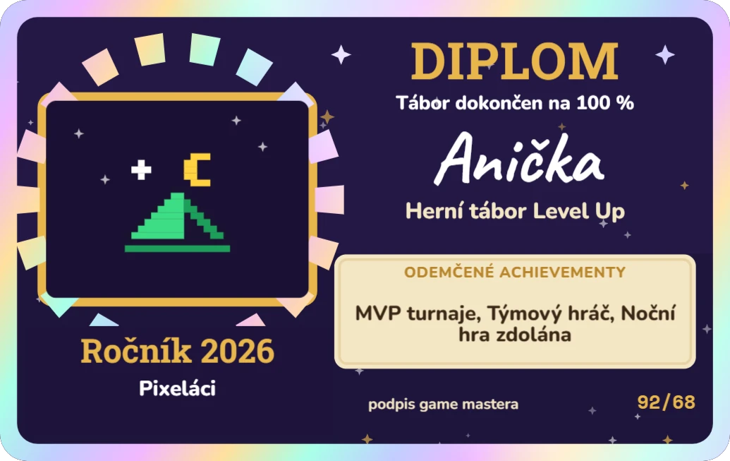 Diplom z herního tábora: quest holo, ukázka karty