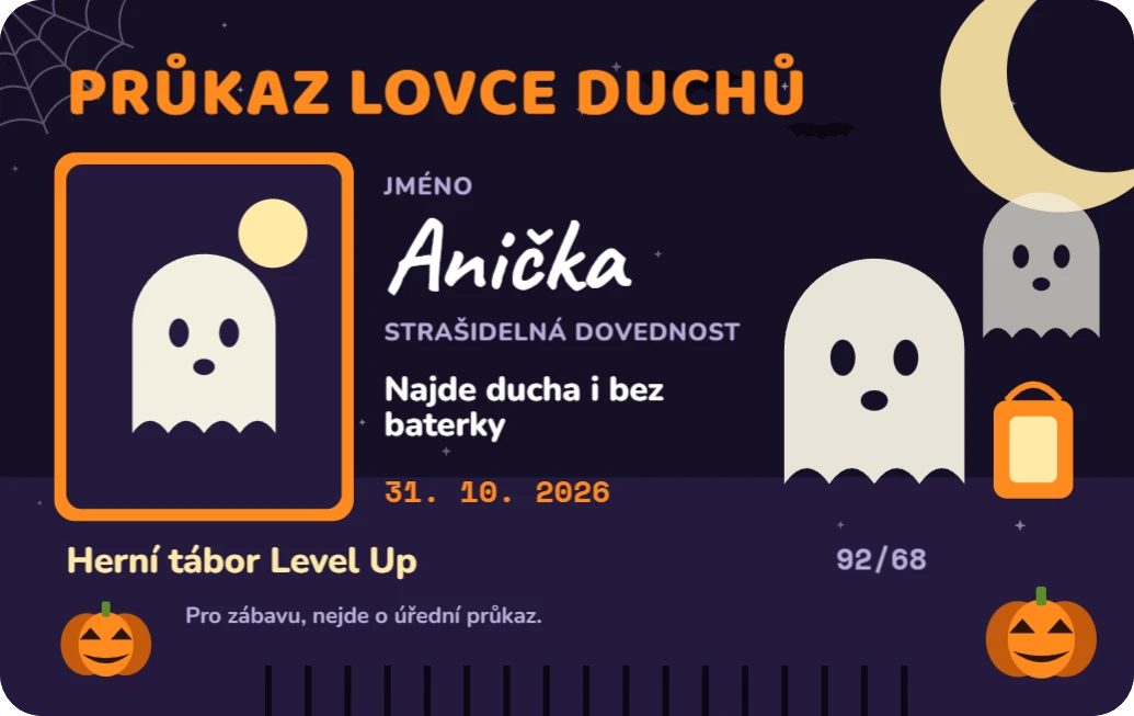 Halloween: průkaz lovce duchů a licence čaroděje, ukázka karty
