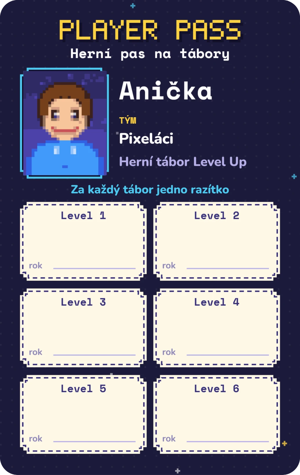 Herní pas na tábory: pixel, ukázka karty