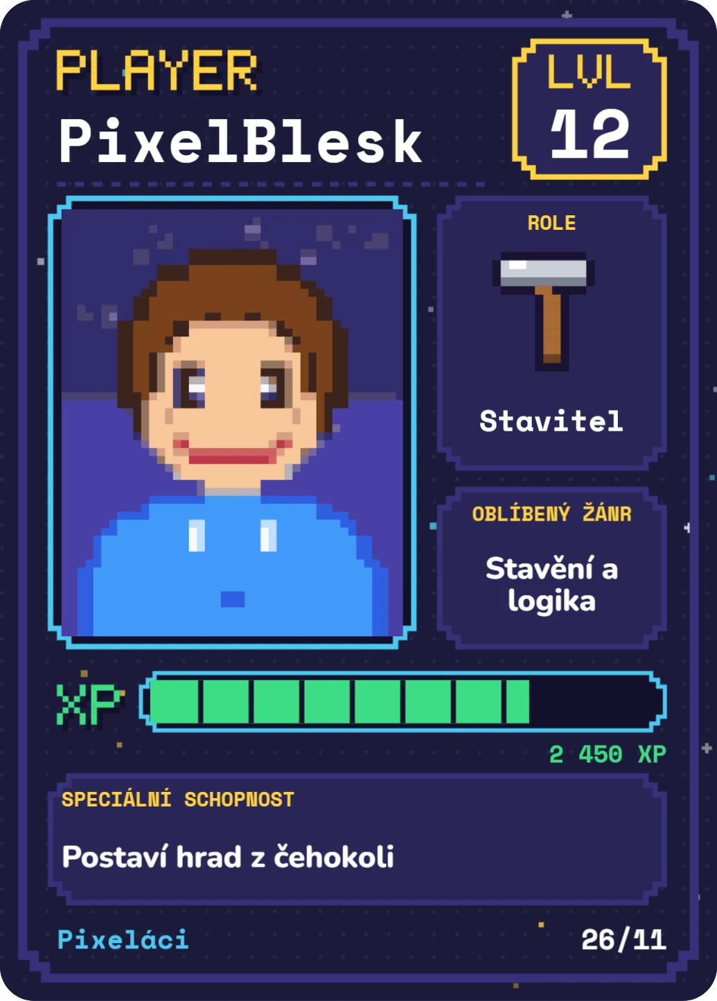 Hráčský profil: pixel, ukázka karty