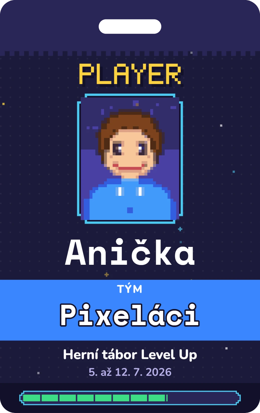 Jmenovka na krk: pixel hráč, ukázka karty