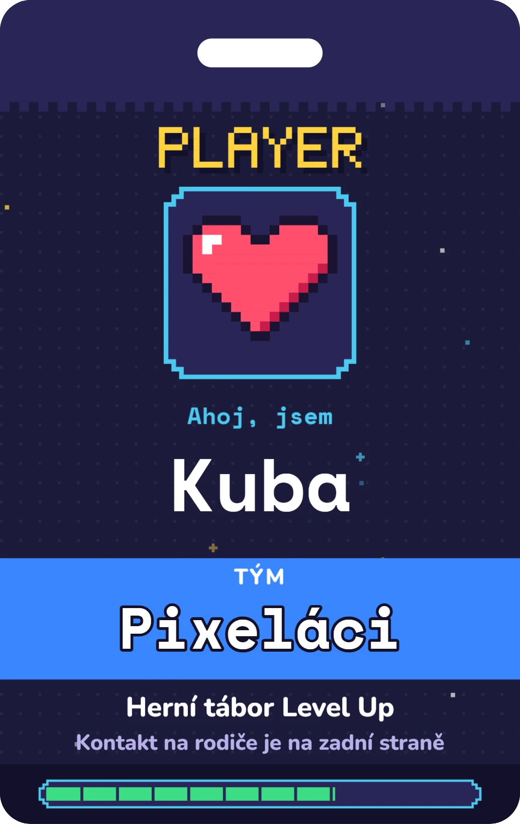 Jmenovka na krk s kontaktem na rodiče: pixel, ukázka karty