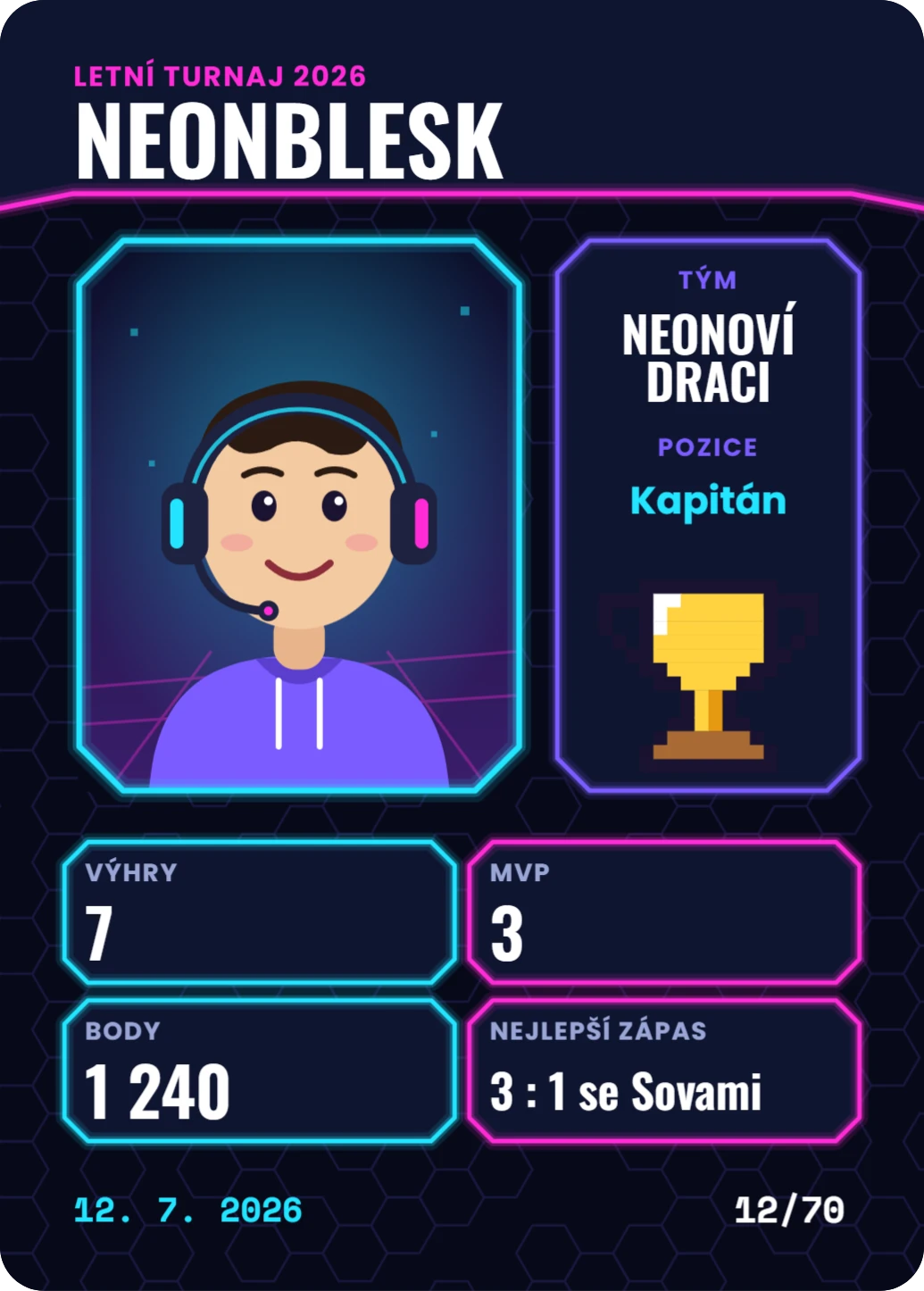 Karta hráče turnaje: neon, ukázka karty