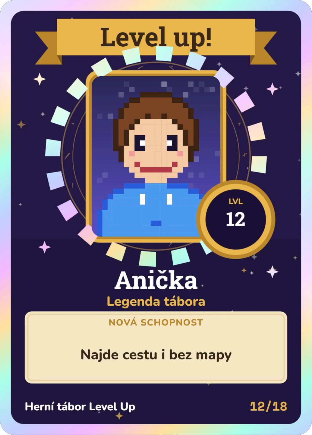Level up na konec tábora: quest holo, ukázka karty
