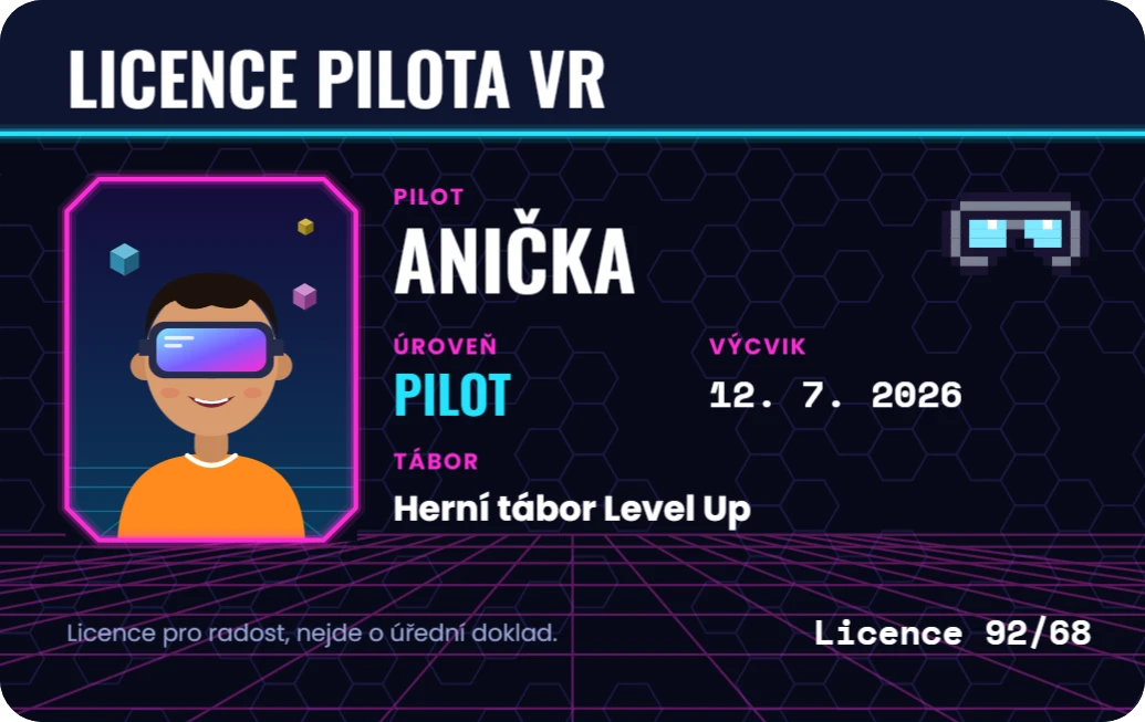 Licence pilota virtuální reality, ukázka karty