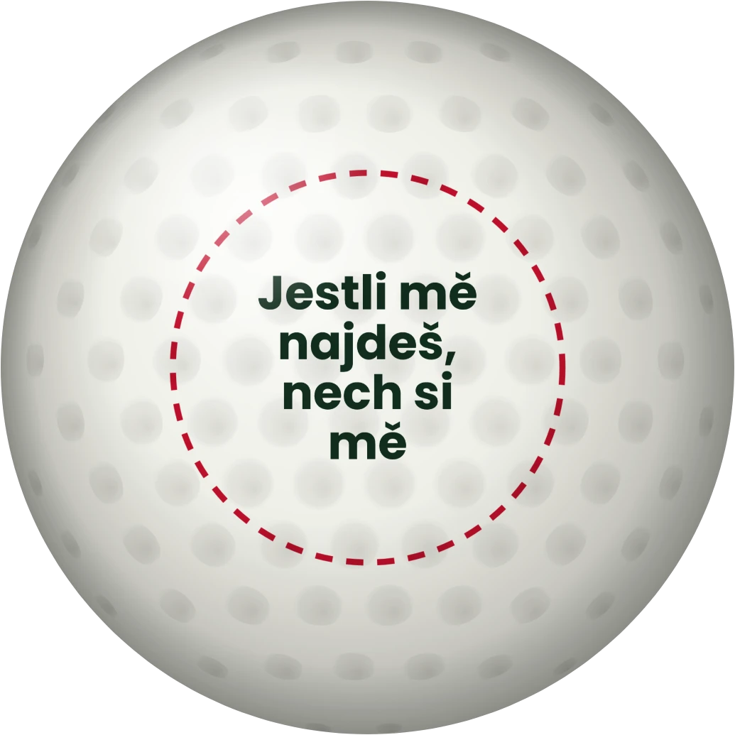 Golfový míček s vtipným nápisem, ukázka karty