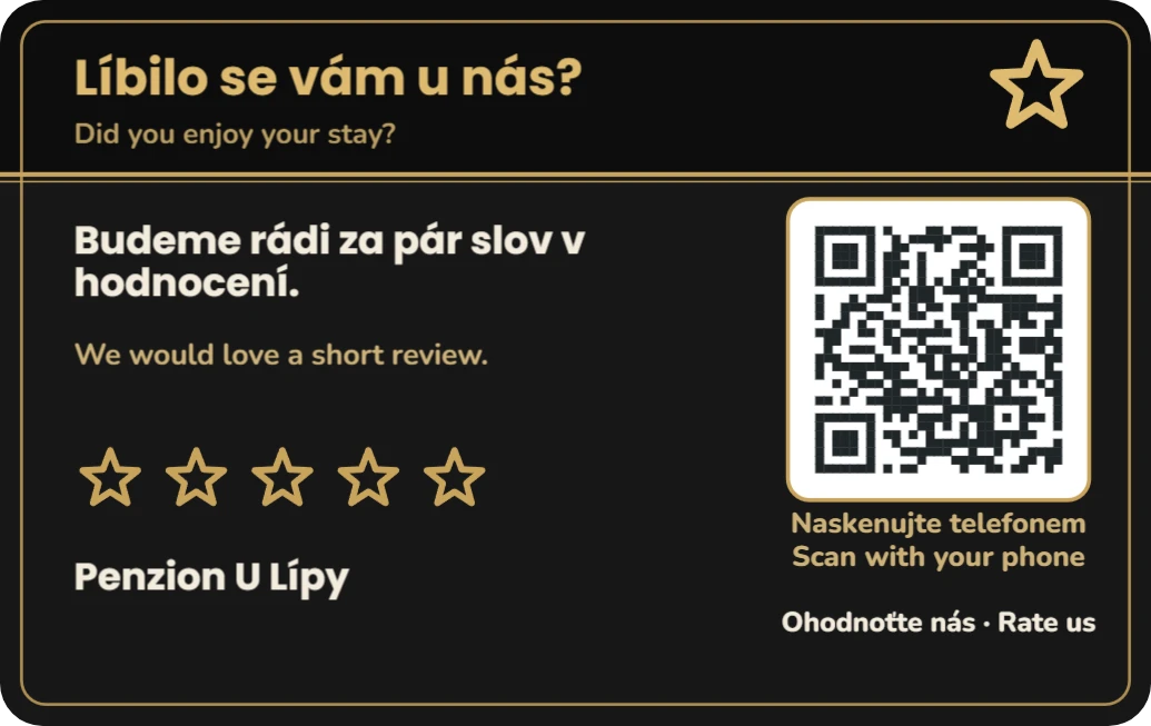Hodnocení pobytu s QR kódem pro hotel, ukázka karty