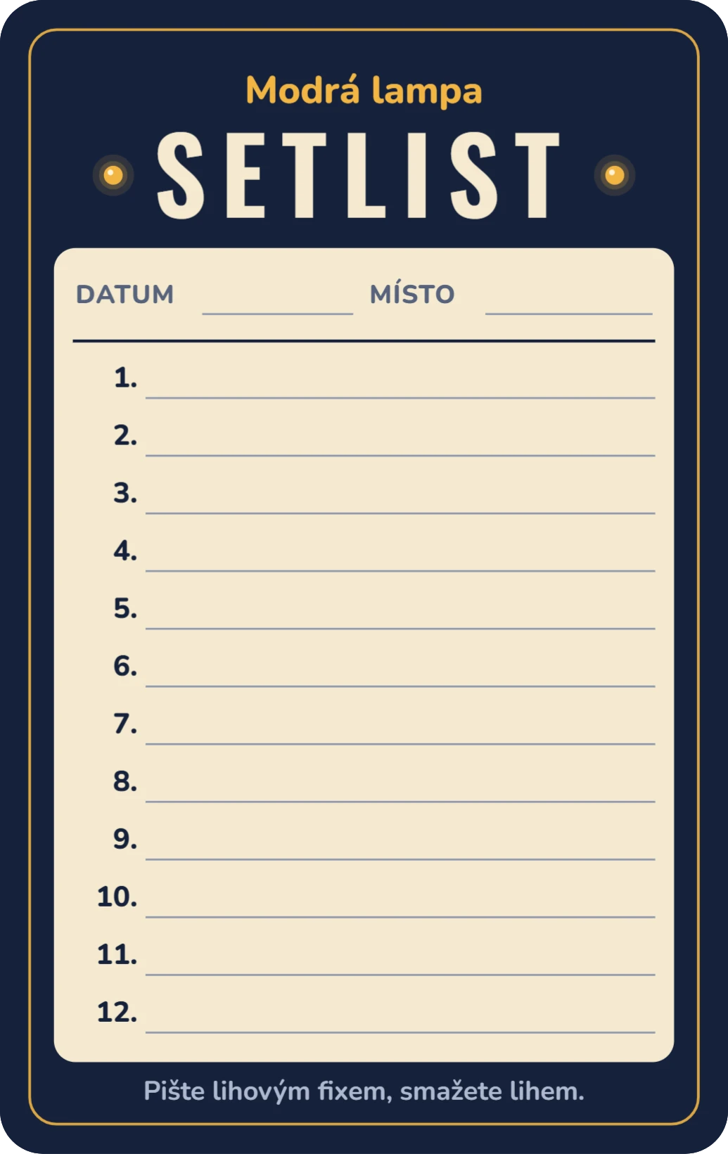 Setlist na psaní: dva sety po dvanácti písních, ukázka karty