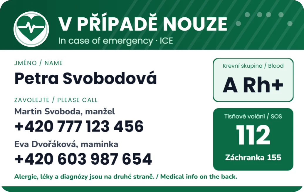 ICE karta: v případě nouze, ukázka karty