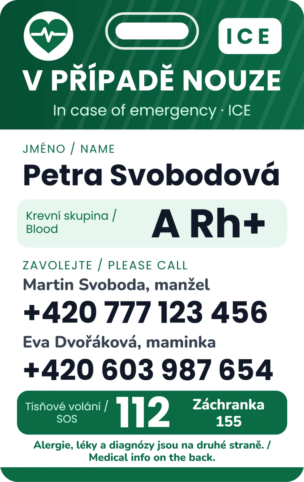 ICE karta na výšku (na krk), ukázka karty