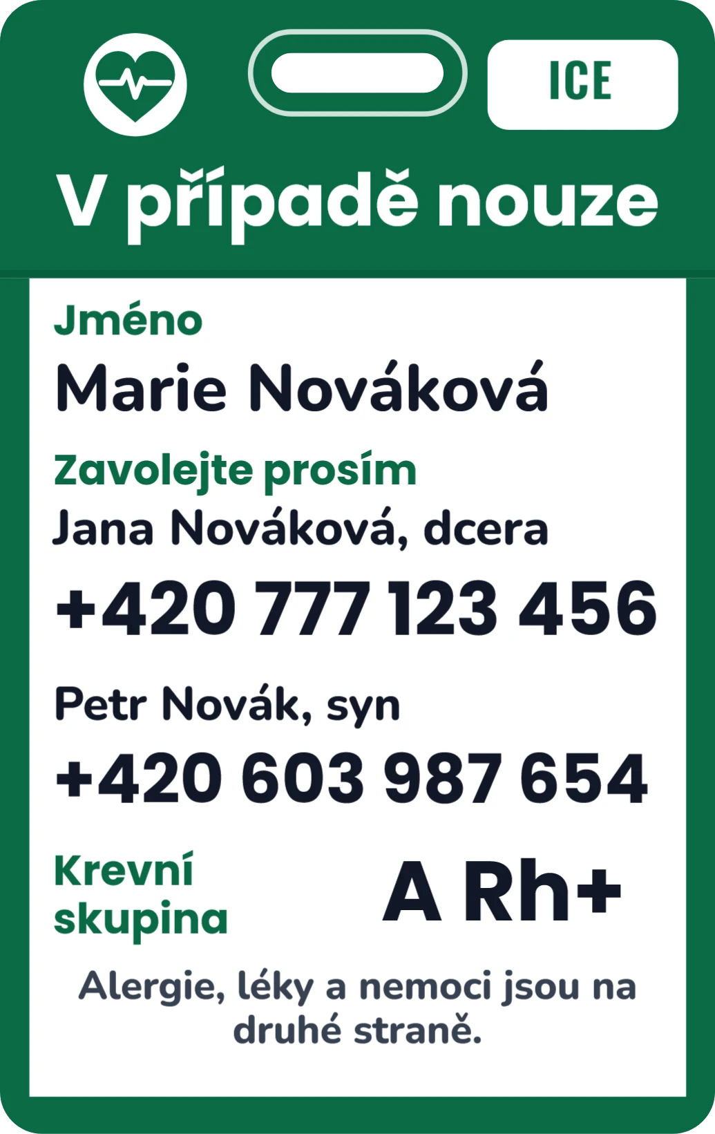ICE karta pro seniory, ukázka karty
