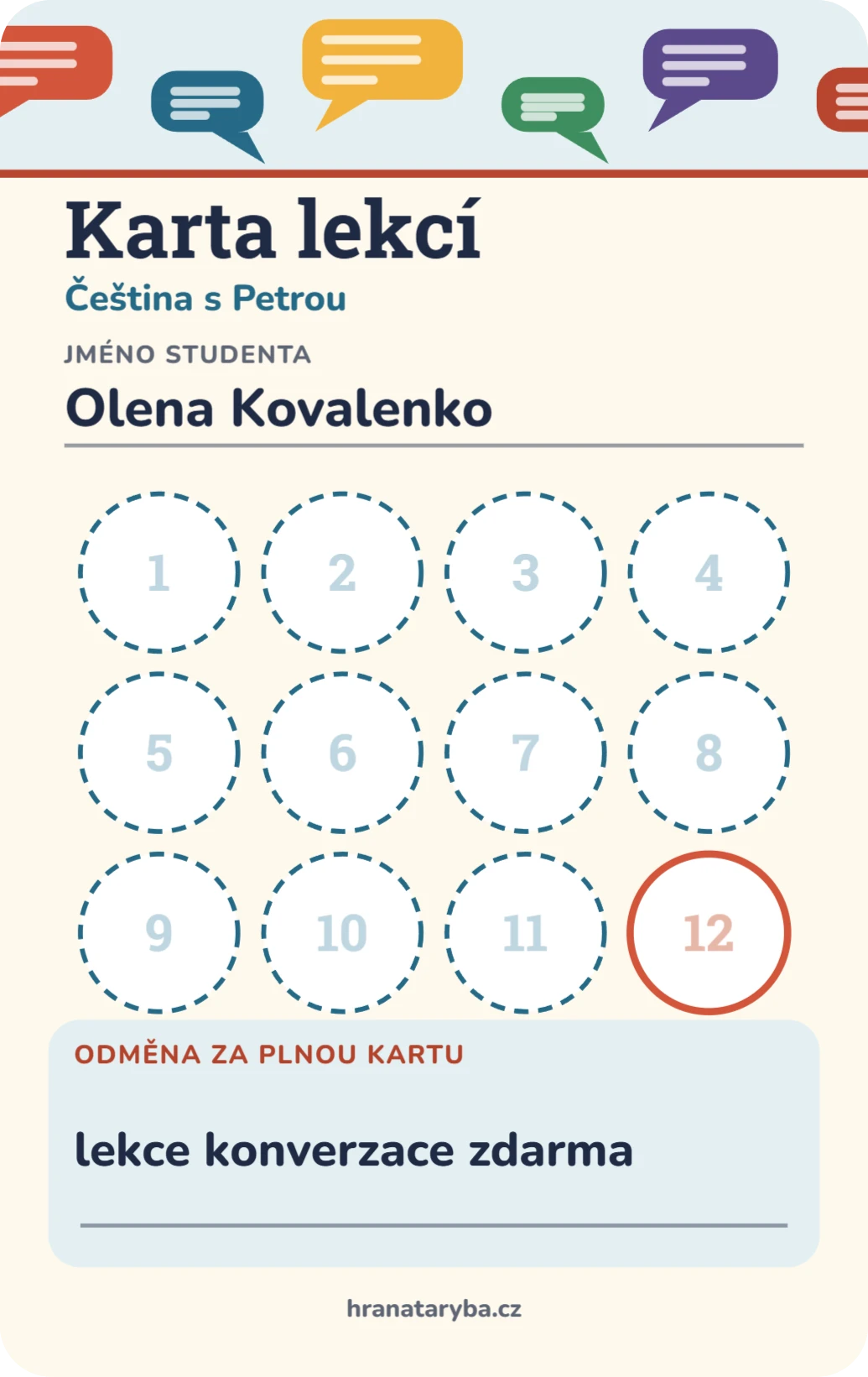 Karta lekcí pro jazykovou školu, ukázka karty