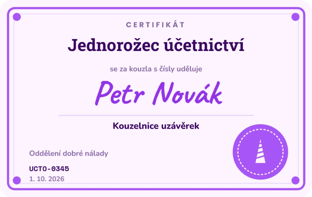 Certifikát Jednorožec účetnictví, ukázka karty