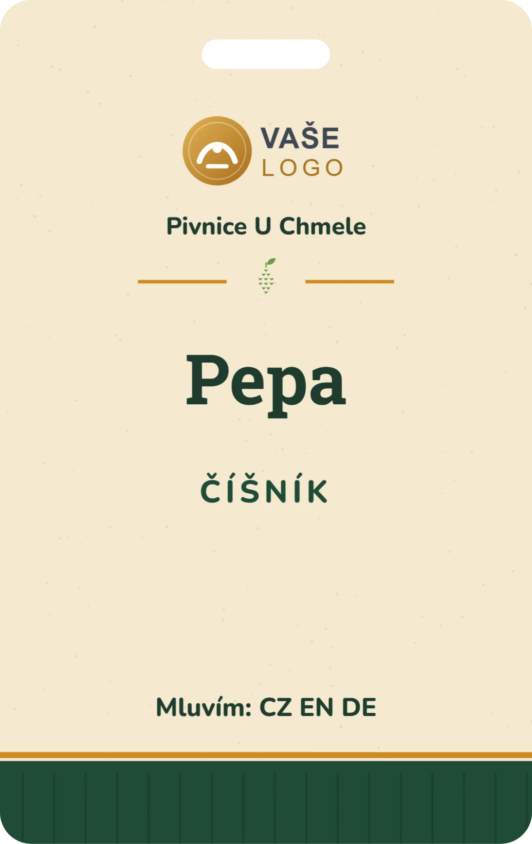 Jmenovka pro personál, řada Pivnice, ukázka karty