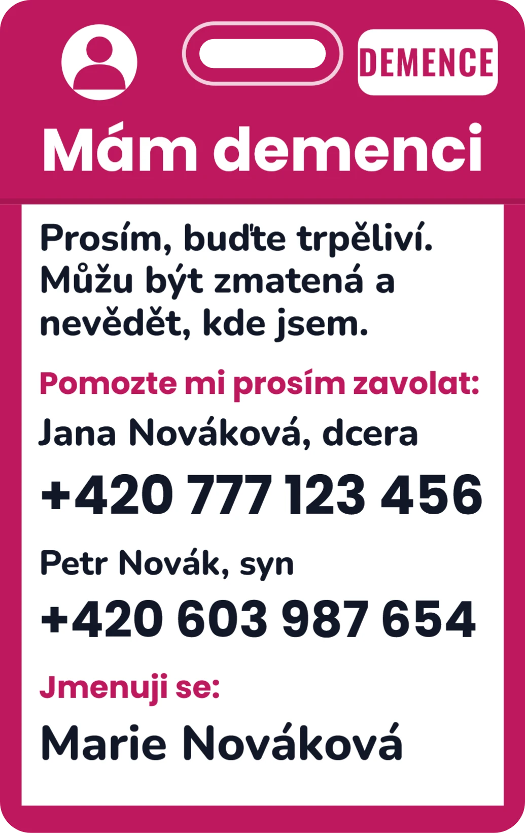 Mám demenci: karta na krk, ukázka karty