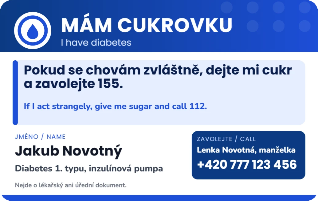 Karta diabetika, ukázka karty