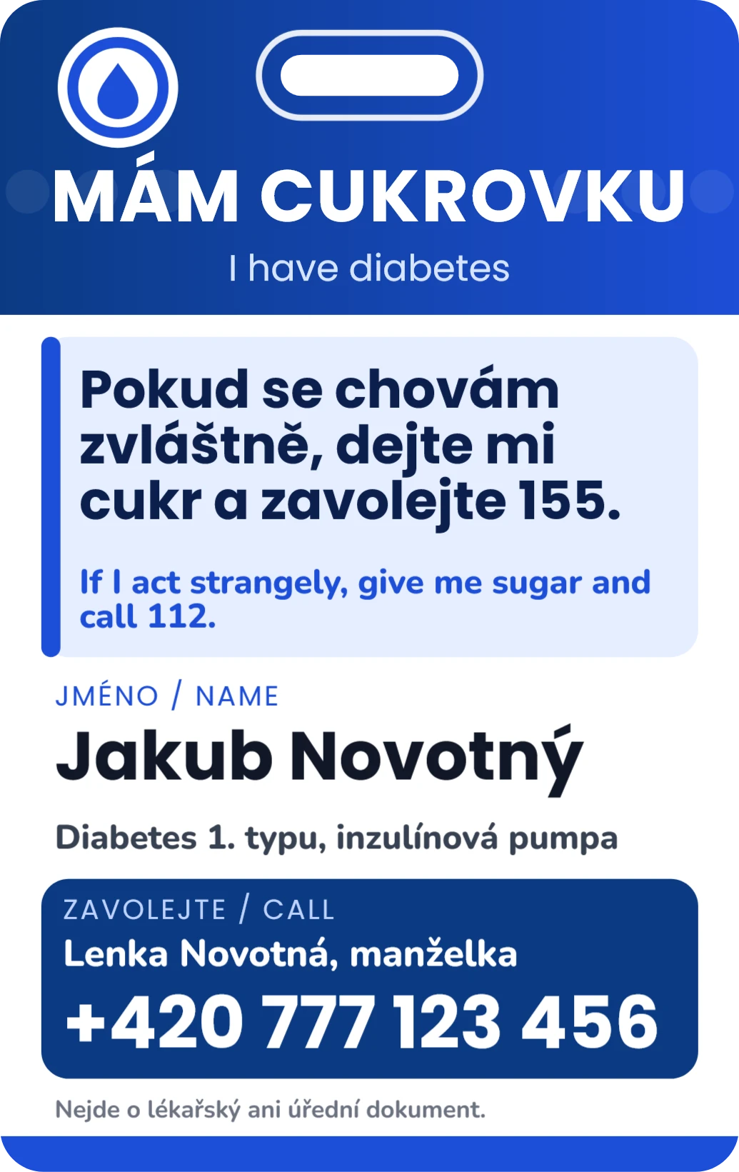 Karta diabetika na výšku (na krk), ukázka karty