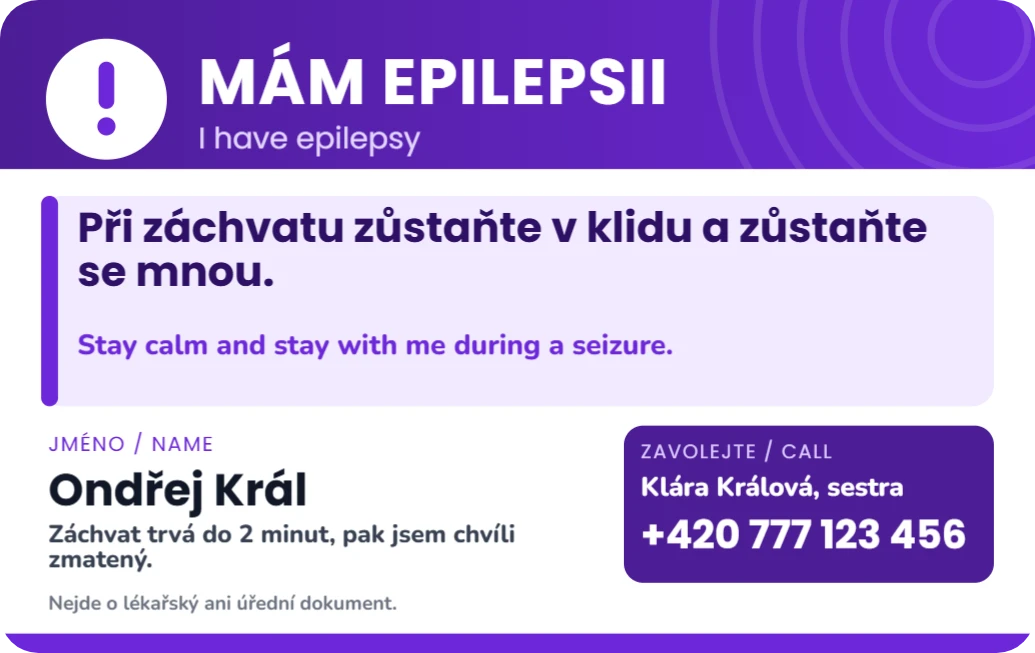 Karta pro epileptiky, ukázka karty